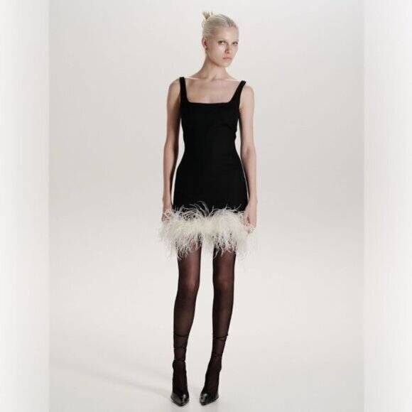 MANURÍ Rinna Ostrich Feather Trim Square Neck Dress Black White Revolve Small - Picture 3 of 9